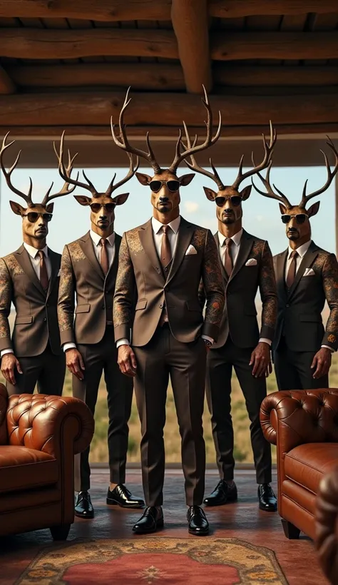 Group of five muscular humanoid pampas deer with body hair representing Rio Grande do Sul, dressed in elegant brown suits with silver details and sunglasses. His tattoos feature images of horses, the pampas landscape and traditional Gaucho culture. They st...