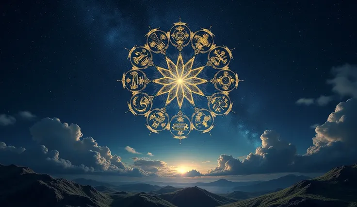 I need an image with a background of night stars , And that it has at the center the representation of the zodiac signs.