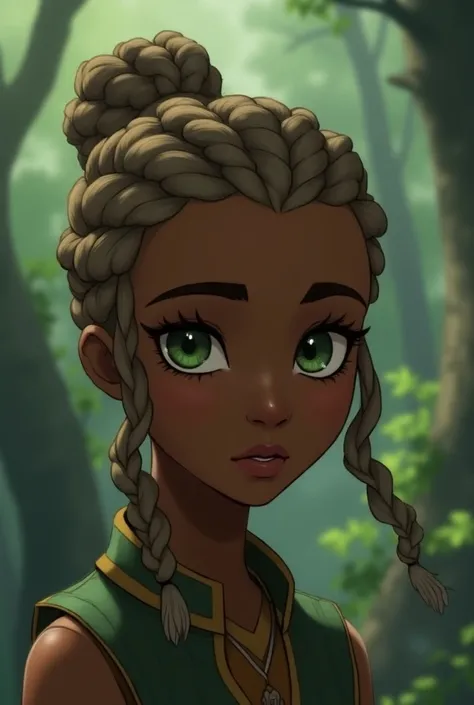 Dark-skinned girl, water green eyes,  a bunch of ash blonde braids ,  also have a bun on the crown made from their braids, affiliated eyes ,  animation style of the avatar The Legend of Aang 