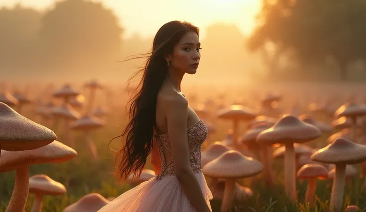 Alice in wonderland, a white beautiful indo asian woman, athlete body, in shape, (floral tube top, natural nipple shade, cleavage, navel, extra mini skirt), princess airy dress, spot light on face, side pose, strolling the land, watch over the distance, pr...