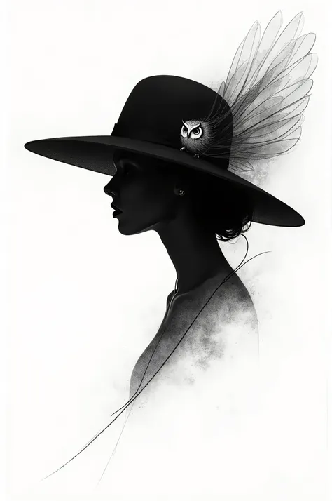  Silhouette of a womans face,  with a wide-brimmed hat , in a continuous line .  Insinuating and delicate owl God . 