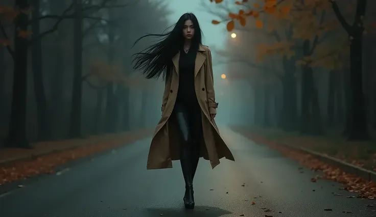 (Full body shot), A girl named Thu wears a beige trunge coat.., Autumn Night Road background  ,dim lighting, long black hair,big breasts,Big ass ,High heels,Walking forward lonely 