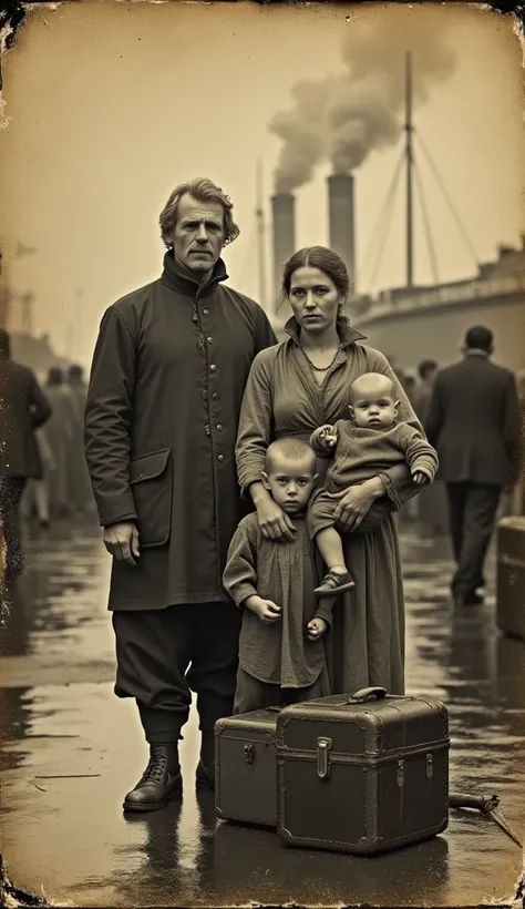  sepia daguerreotype photograph, Grain effect, Poor Germanic family of average height; Blonde family , ship/steam in the background, Smoke from the chimney, hat, A lot of people going around, Germanic people, Damaged old suitcases, damaged photo edges; 18t...