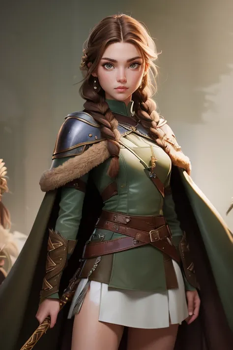 ( masterpiece, The best quality ) (young warrior woman of nordic descent), (green eyes), (fur skirt), (Brown hair color),(loose hair with small braids on the scalp), (leather strap top) feathers, cape over the shoulder, bufas, (blue, gray and brown suit).