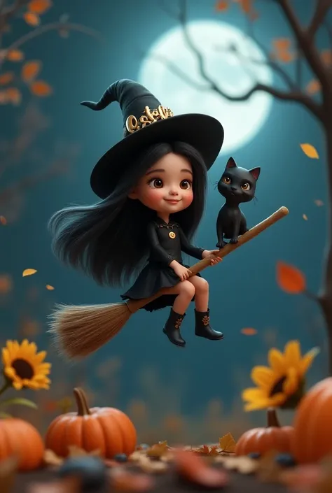 A 3D render of a cute little witch named Magui flying on a broomstick alongside a baby black cat. The exact name "GATO" is written on a sign above the witchs head. The witch has long black hair, wears a pointy hat, and a black dress. She has a small crown ...