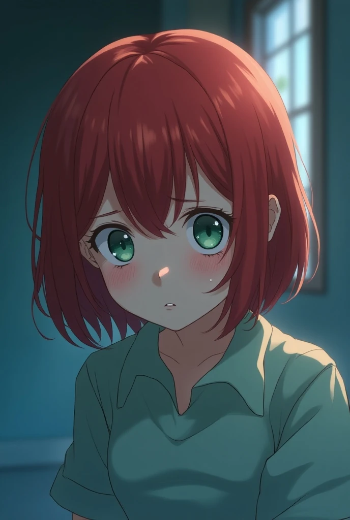 (  Best quality ,4K,1 girl,Sweet blue image of Momoe Sawaki R4 crying,Red hair,Green eyes)