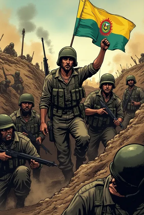  Create a comic image of Bolivian soldiers in a trench, with Bilbao Rioja freed  