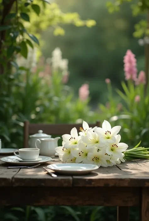  Bouquet of lilies. White lilies . on the table in the garden. Breakfast on the table.