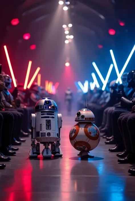 R2-B2 and BB-8 walking side by side on fashion show runway, official Star Wars characters Stormtrooper and Darth Vader sitting in audience with glowing lightsabers, glaring red and blue laser lights lighting up the venue, glamorous venue inside a spaceship, impossible Reality, scene from a movie, lighting from a movie, high quality, good photographic quality image