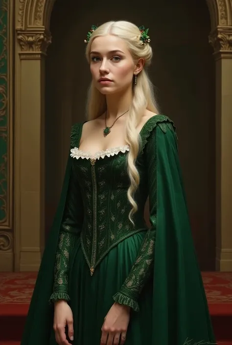 Queen Helaena Targaryen in a green tudor style dress