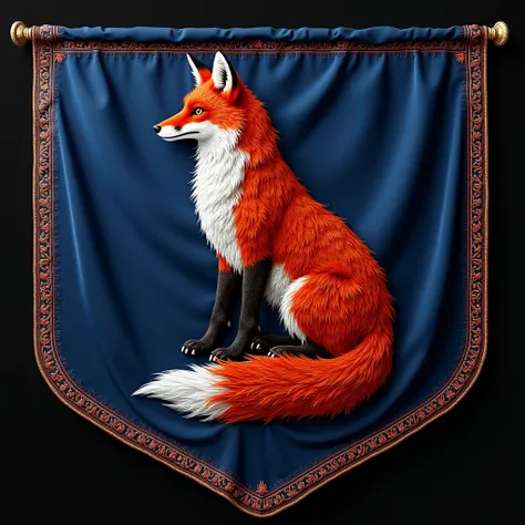  Medieval navy blue flag with coat of arms drawn and embroidered of a seated red fox. Embroidery drawn in copper on the edges of the flag  