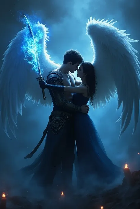  Jace Wayland with angel wings and a sword with blue flames in his hand,  passionately embraced Simon Lewis ,  as some demons approach them . Generate the image as a book cover  