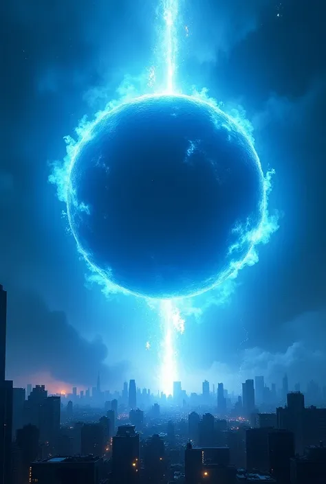 gigantic pluto sized meteor with bright blue flames. Future City Background, Battlefield, Wide, off screen, meteor colossal size. View from below, looking up at meteor.