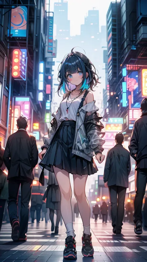 a girl with black skirt, blue hair, standing in a city skyline, with buildings in the background, her hair framing her face, wearing a jacket, looking at the viewer, medium length multicolored hair, with several boys in the background, at night, off-should...