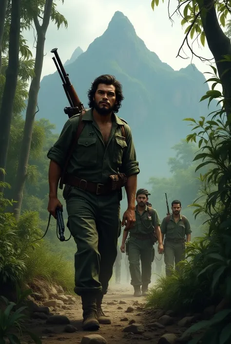 Che Guevara in Sierra Maestra: Che and his fellow Cuban revolutionaries trek through the rugged mountains of Sierra Maestra. He carries a rifle on his back, dressed in worn military fatigues, surrounded by the thick jungle as they prepare for battle agains...