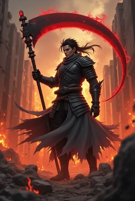 A man wearing a thin grey samurai armor, with two claws on his left gauntlet, wields a giant scythe emitting a red aura at the blade, in a burning city, anime style