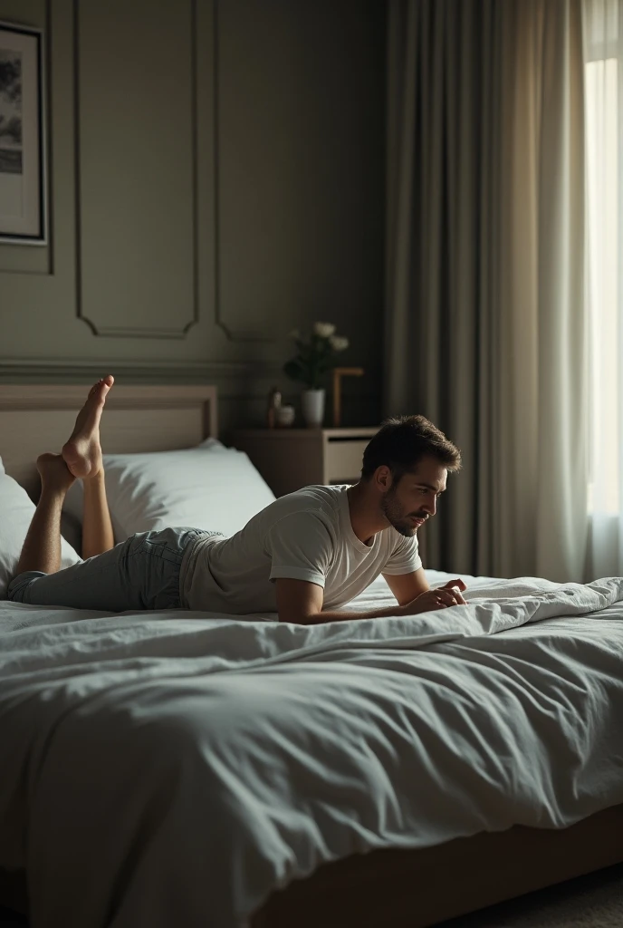 A man lying on stomach on the king size bed, hand touching the ground, and feet swing 