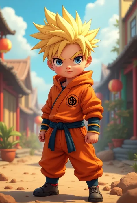 A baby ninja in a vibrant Anime world, Orange jumpsuit,  The initials of the soul are on the chest of the jumpsuit,Spiky blonde hair, Resolute look, Full body in a dynamic action pose , detailed Anime-style rendering, Bright color palette,  dynamic lightin...