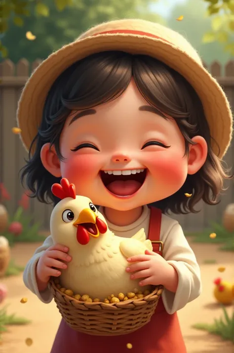 Chubby Girl Gushes Red Cheeky Smiling Feeding Chicken