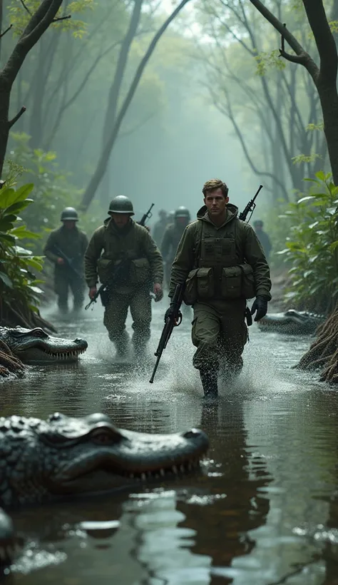 A large group of soldiers wading through the swamp, rifles in hand, while massive crocodiles swim towards them. The scene is filled with tension, as the soldiers try to move quickly through the dangerous water realistic. 