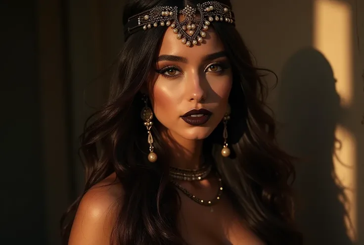 A beautiful Arabian goddess model, with a close-up shot focusing on her bold, dark brown lips and tribal-inspired makeup. Her face is framed by smoky, dusty tones, and her long, flowing hair is adorned with traditional Arabian accessories. The overall aest...