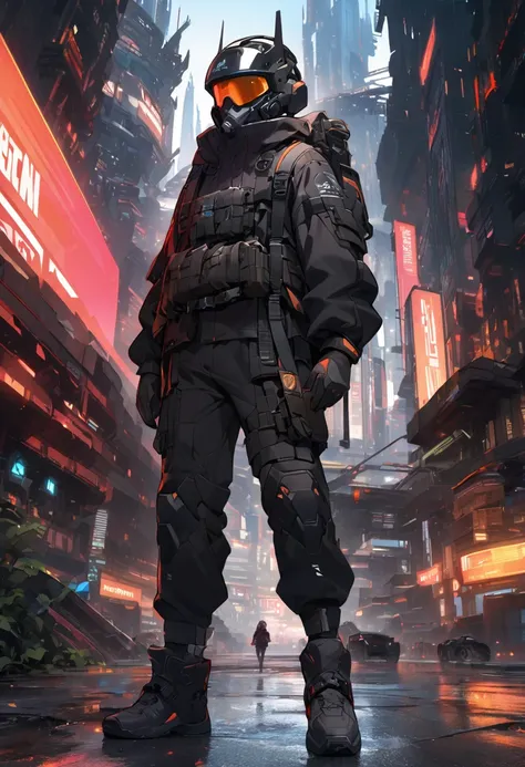 a little teenage girl dressed in a high-tech red and black suit, black jacket,  high-tech tactical helmet , sci-fi city, full bo...