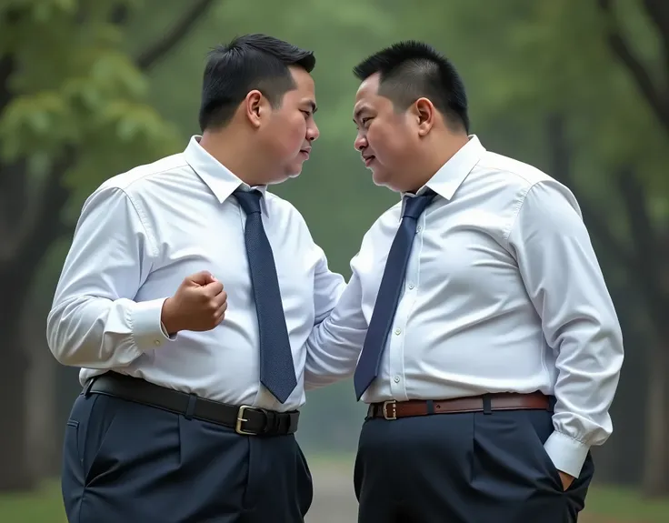  best quality on the tree, Face Focus,  Ultra High Resolution , (Reality:1.4), RAW photo, Two obese young Chinese men in suits，Short hair flat head，Lips tightly closed，Dark blue tie、Tight white shirt、 shirt tucked into pants ，make a fist， body facing the c...