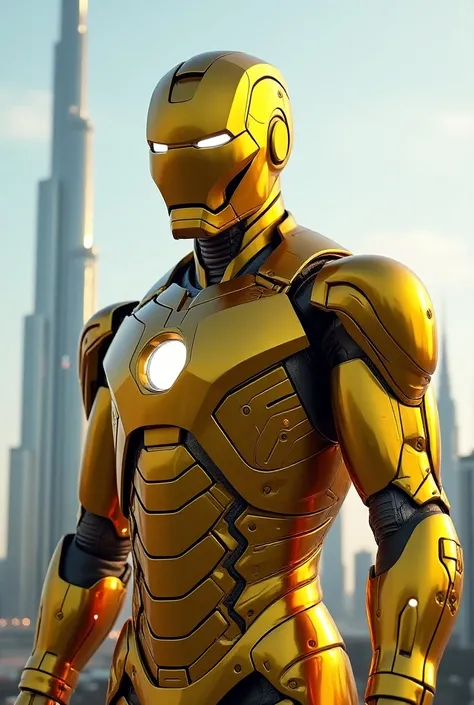 Iron man without helmet with golden cyberpunk costume and background burjkhalifa 