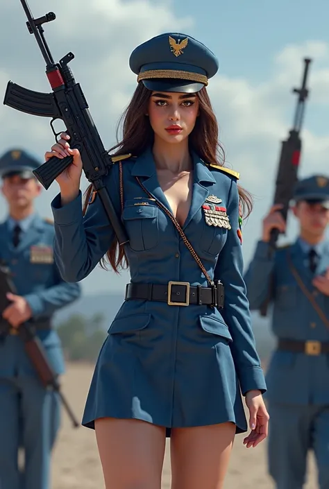 Brunette girl, with long hair cut, wearing a blue camouflage mini dress and blue beret with an eagle on it, slim waist , wide hips, long sexy legs, raising right eyebrow,  , serious expression , huge breasts , high rank officer, photorealistic, full body s...