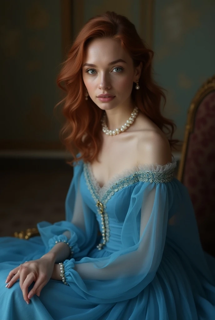 Create a realistic image of actress Maya Hawke as the character Anastasia in a blue dress