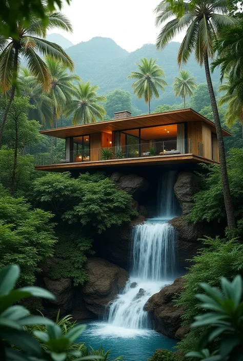 Small house with falls 8k realistic tropical modern style 