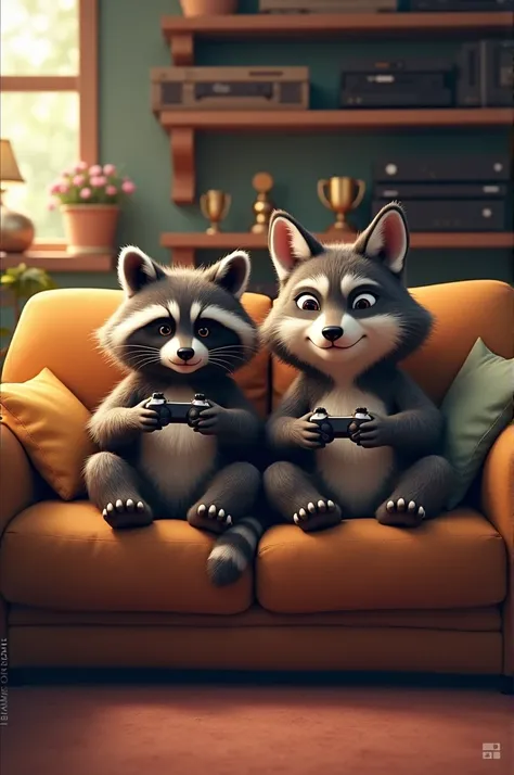 Create an image of a raccoon and wolf sitting on a couch playing video games 