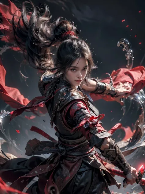 tmasterpiece，16k，high high quality，artwork of a，martial soul，1 girl，red theme，smog，floating weapons，long sword，bright lights，bri...