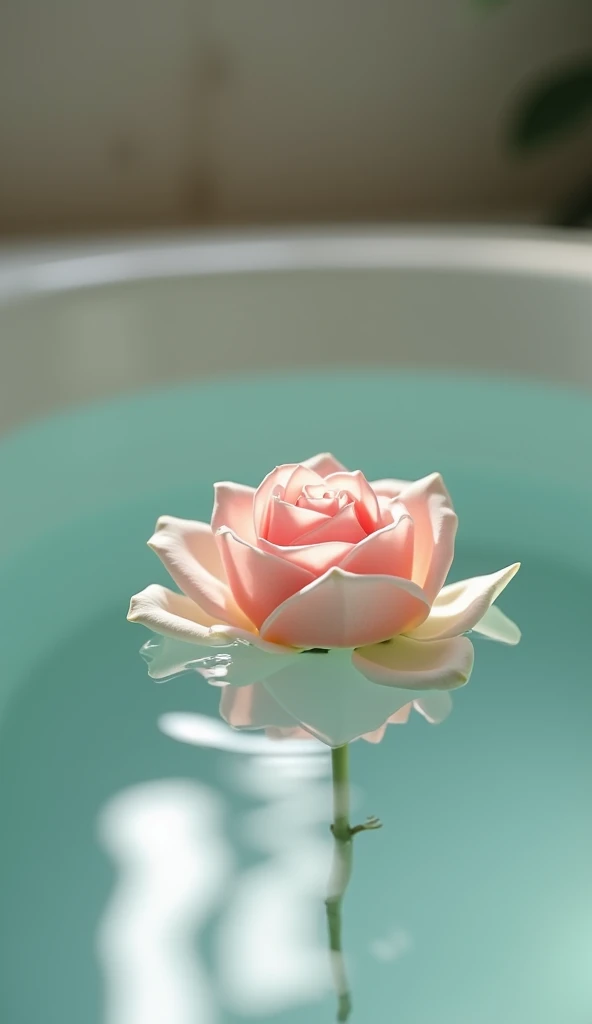 Show the rose gently bobbing in the water in the bathtub again, close-up shot. Light background music builds tension.