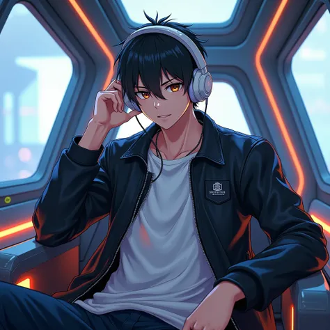 ( High image quality )( High Definition )( ultra detailed image )(anime)(a boy inside a futuristic spaceship )( the boy with short black hair , brown eyes, look would be, muscular,  with detailed black leather jacket and white t-shirt ,  listening to music...