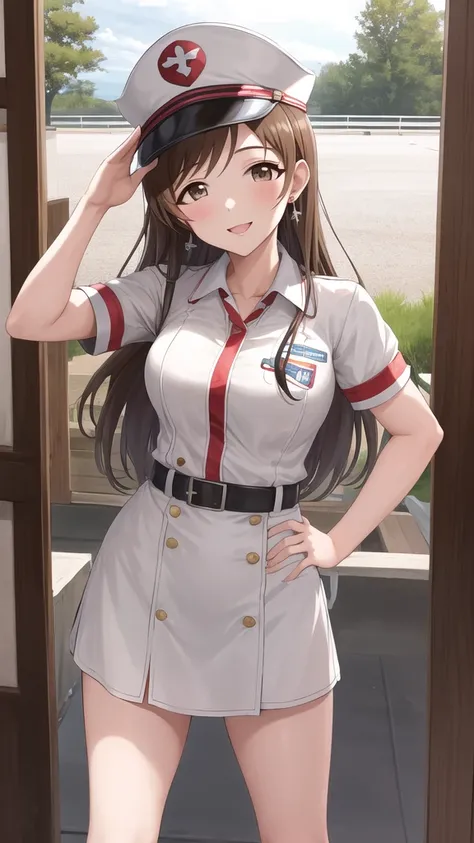 masterpiece, best quality, highres, aanitta, long hair, peaked cap, earrings, medium breasts, Nurse uniform, idolmaster, cowboy shot, standing, outdoors, salute, hand on hip, smile