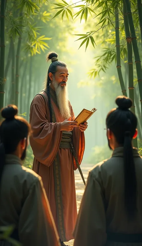 Scene in a bamboo forest. A 40-year-old philosopher of the Ming Dynasty (China). He is standing teaching his students,wearing the costume of a Ming Dynasty philosopher. One hand holds a book. The other hand holds a pen. Surrounded by male students listenin...