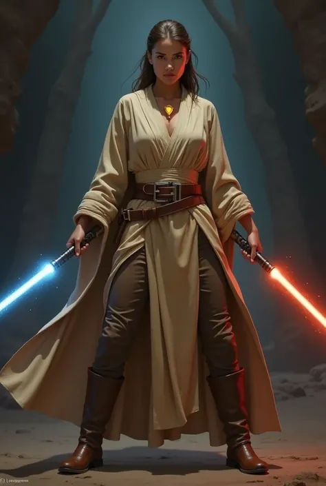 a jedi woman wearing thigh length tan robes and brown pants, holding a lightsaber whose blade glows red and blue, wearing a orange gem that glows faintly in the dark in a necklace, reflected red and blue light, shadowy lighting, standing in an attack pose,...