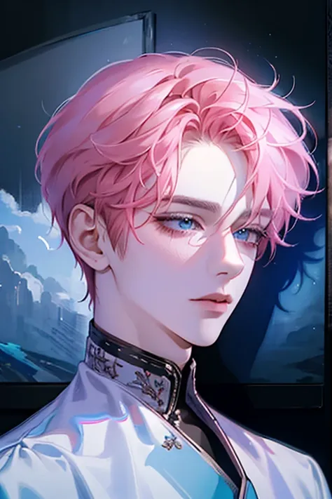 8k, ultra high resolution, masterpiece, best quality, high details, 4k, best resolution, portrait, a plain dark room with a guy facing his back towards the camera. the guy has soft pink hair and fair skin with ocean blue eues