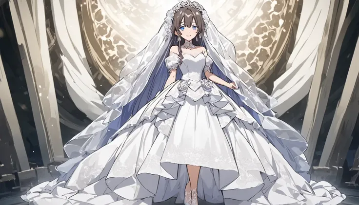 celine is wearing a wedding dress　full body view