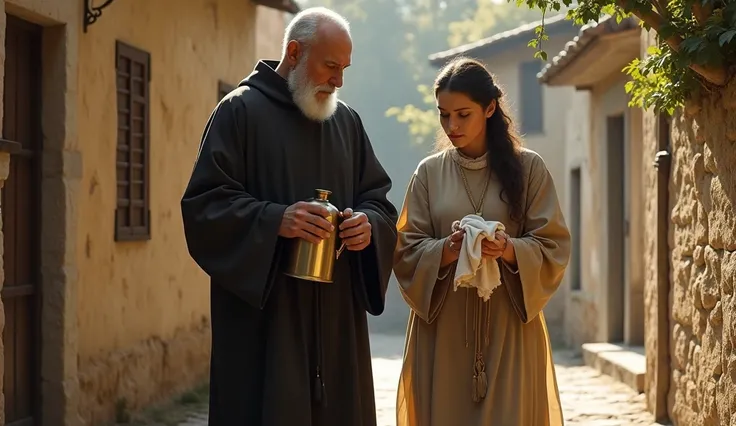  A scene of Padre Pio walking alongside Anna , guiding her forward . In your hands,  a jug of holy water ,  while Anna holds a cloth ,  ready to clean her door and open the way to new opportunities."