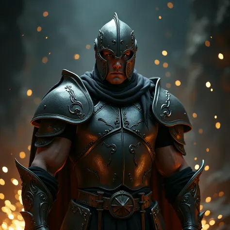 a strong soldier with looking at the camera, with armor, without showing his face, illuminated by the night, with sparks and golden light effects around him, cinematic scenery, in 8k