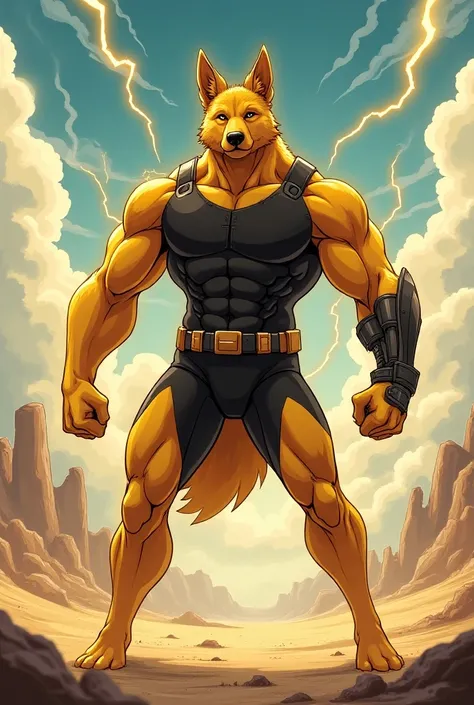 (A full body image of a heroic German Shepherd anthro, yellow fur, black super hero costume for a speedster), (lightning effects in the area), (background is a barren wasteland) (he looks like a superhero), (((his right arm and left leg are mechanical))) a...