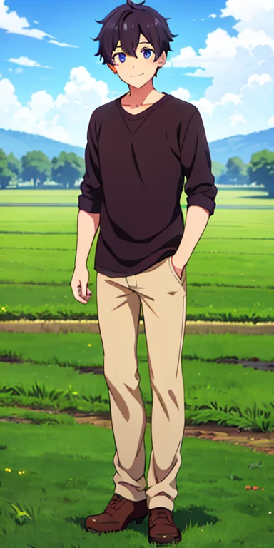 Full body, beautiful eyes ,(farmer), 1 boy  , full body ,boy, anime style , handsome eyes  , (standing up)   , (beautiful eyes)  , Smile, Looking at viewer, adult