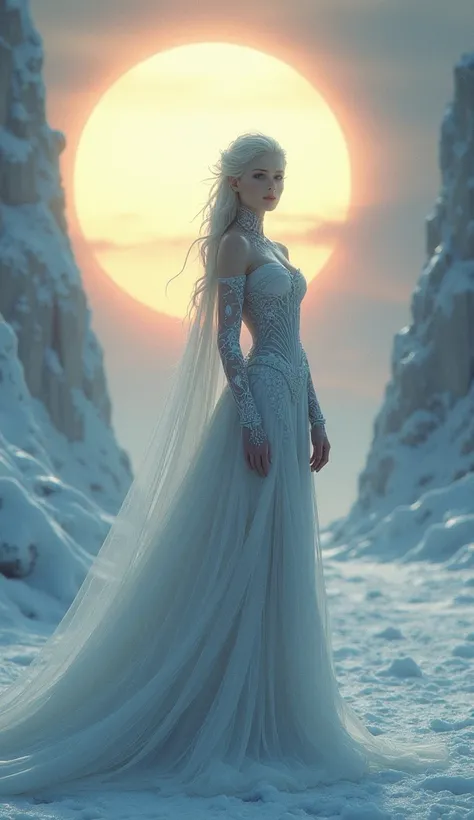 ` Snow Queen in the kingdom against the background of the sun, slender legs,  design pointy toe heels , Exquisite eye detail , HD , Rich in details`  