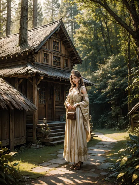 A beautiful fantasy queen standing in a quaint village, surrounded by a lush forest, a small rustic house in the background, people going about their vintage lives, (best quality,4k,8k,highres,masterpiece:1.2),ultra-detailed,(realistic,photorealistic,photo...