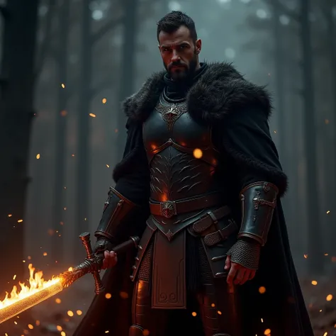 a strong soldier with looking at the camera, in dark black armor, holding a flaming sword, without showing his face, illuminated by the night, with sparks and golden light effects around him, cinematic scenery, in 8k