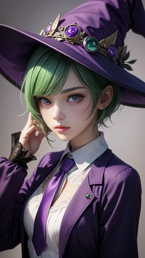 realistic 1.2, top-quality、extremely delicate and beautiful、(a teenage girl)、purple eye、green hair、short-haired、(purple witch ha...