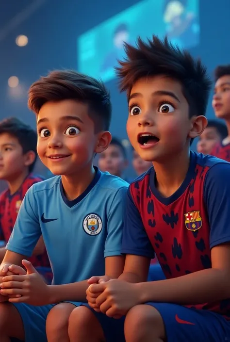 Young González and young E are watching soccer .  Young González wears a Manchester City jersey and young E wears an FC Barcelona shirt.