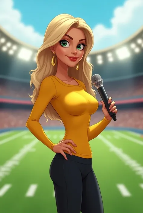 Western animation-inspired art style. Western animation-inspired art style. She’s in her mid-30s. She has wavy blonde hair. She has green-colored irises. She has olive-tan skin. She has a slim and petite physique and an hourglass figure. Her breasts are me...